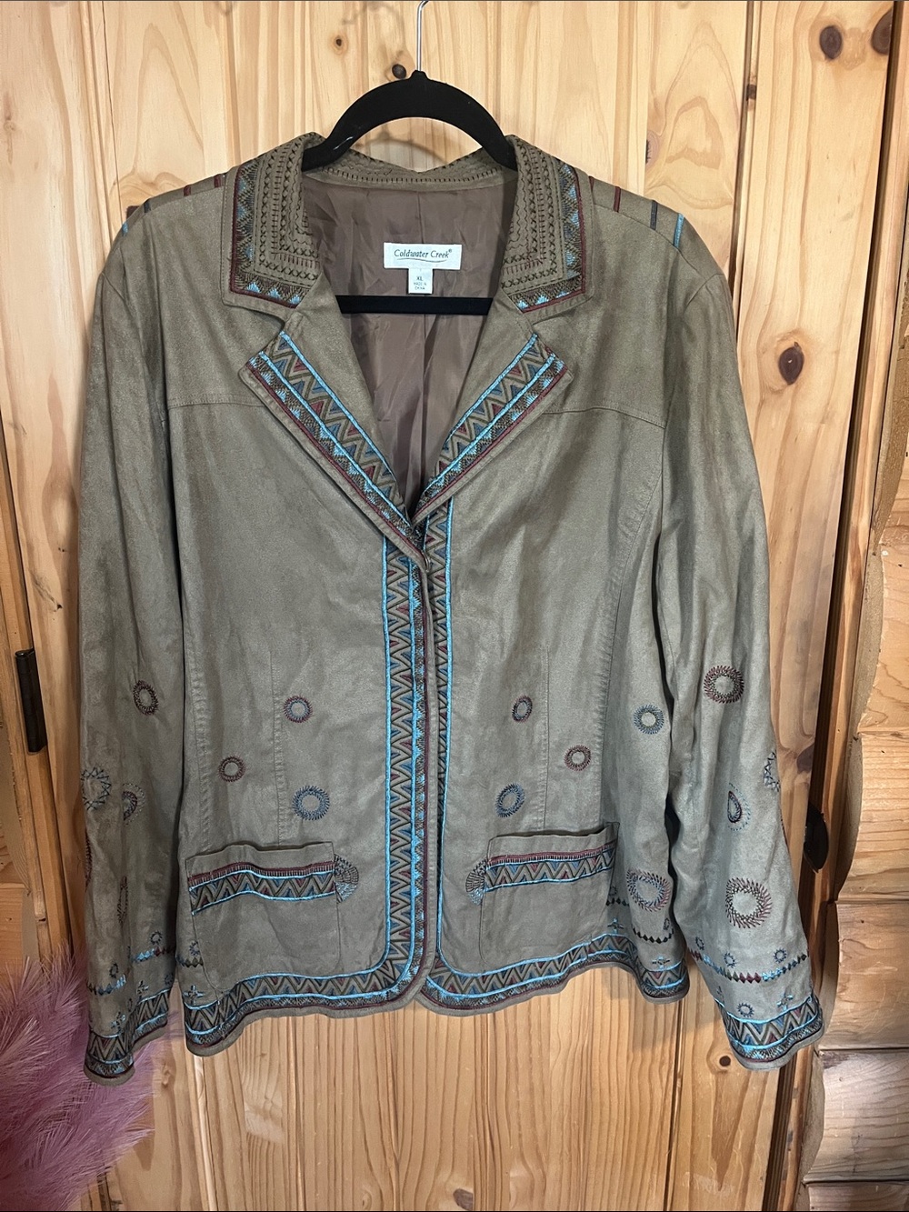 Coldwater Creek Green Faux Suede Boho Embroidered Blazer
